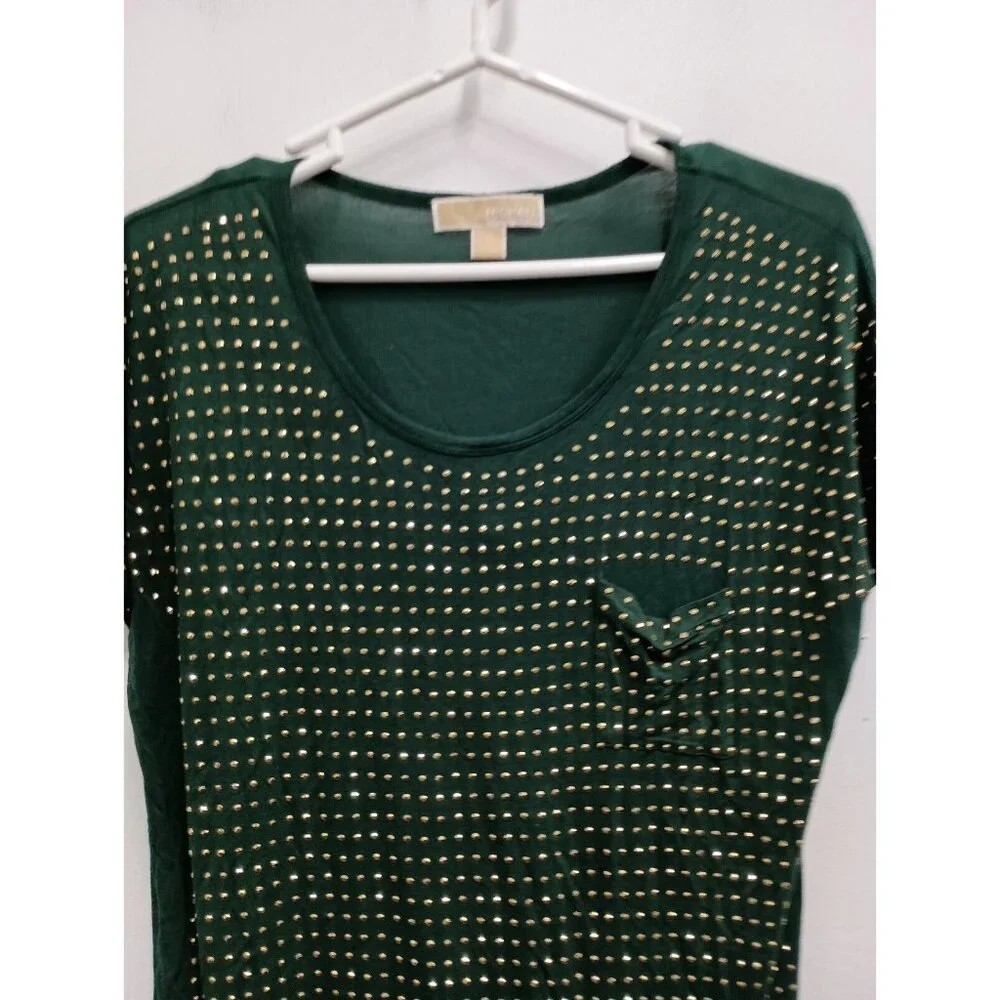 Michael Michael Kors Womens Top Large Green Gold Studded Short Sleeve Pocket Tee